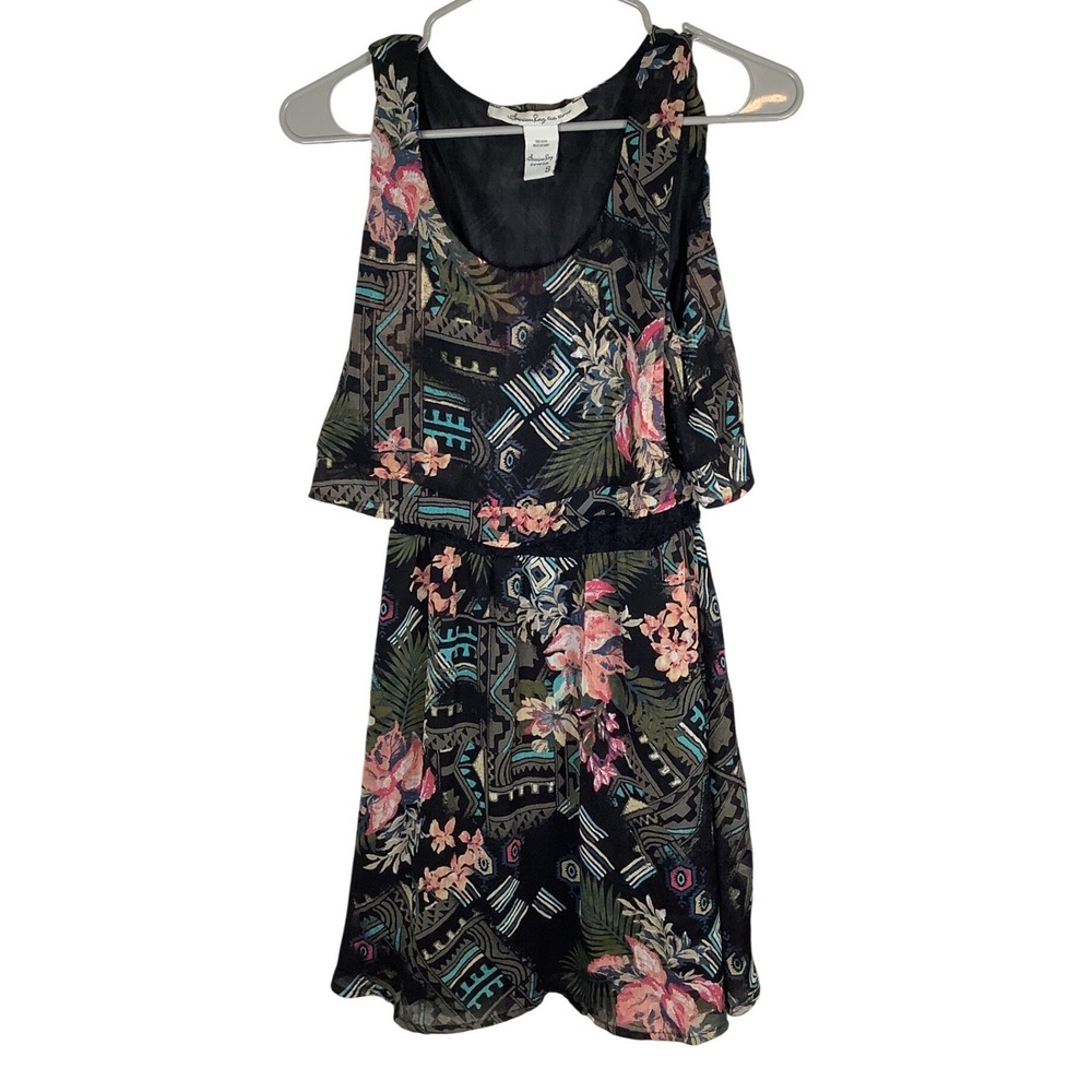 American Rag Womens Small Floral Geometric Popover Mini Dress Black Boho Chiffon
